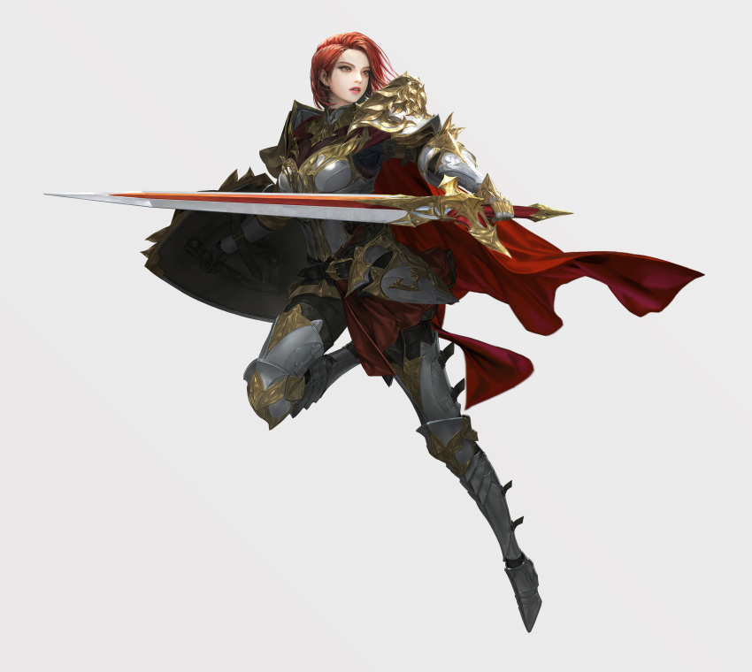 1girl absurdres armor armored_boots belt boots breasts brown_belt brown_eyes cape daeho_cha faulds full_body gauntlets gold_trim highres holding holding_shield holding_sword holding_weapon looking_away medium_breasts official_art parted_lips r2m red_cape red_eyes red_lips redhead shield shoulder_armor simple_background solo sword teeth thigh_boots weapon