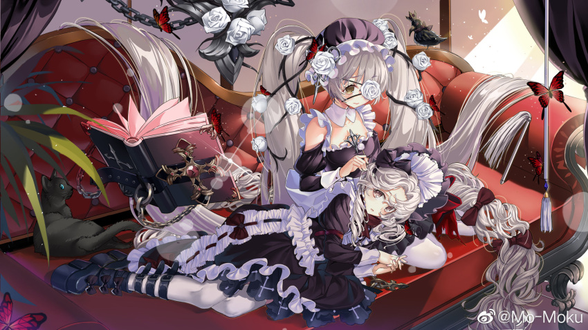 2girls bangs book burst_witch eyebrows_behind_hair eyepatch flower hair_flower hair_ornament hat highres kikimi lap_pillow long_hair looking_at_another looking_at_viewer lying mimikaki multiple_girls sitting skirt twintails violet_eyes white_hair white_legwear yellow_eyes