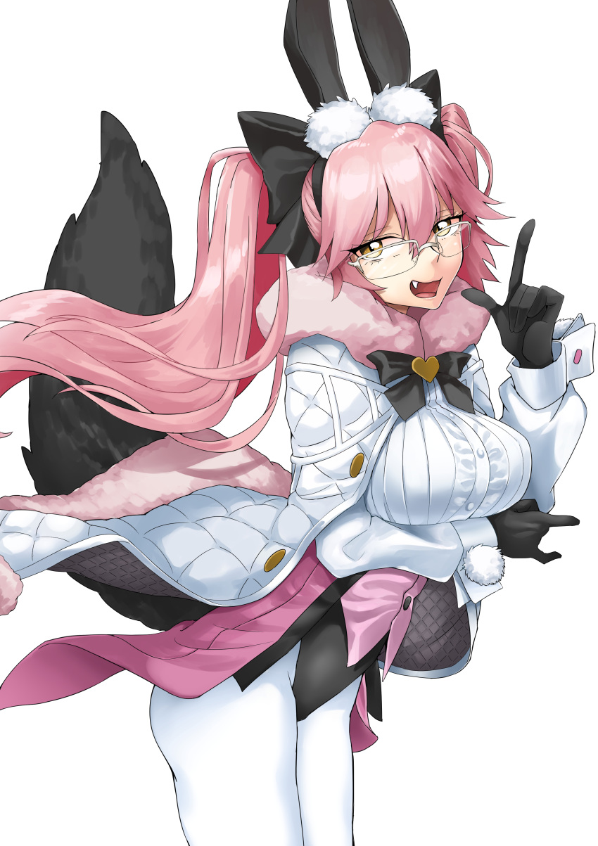 1girl :d absurdres animal_ears black_bow black_gloves black_leotard bow breast_hold breasts commentary cowboy_shot fake_animal_ears fang fate/grand_order fate_(series) fox_girl fox_tail glasses gloves hair_between_eyes heart highres index_finger_raised jacket koyanskaya_(fate) leotard long_sleeves looking_at_viewer open_mouth pink_hair playboy_bunny shadow smile solo stst151553 tail tail_raised tamamo_(fate) twintails white_legwear white_sleeves wrist_cuffs yellow_eyes