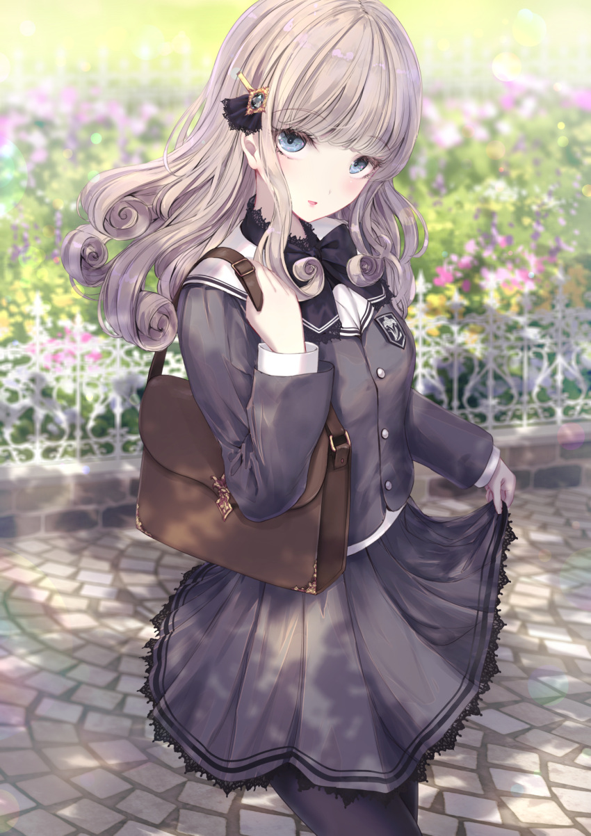 1girl black_legwear black_serafuku black_shirt black_skirt blurry blurry_background commentary_request day depth_of_field fence flower grey_hair hand_up highres long_hair looking_at_viewer missile228 original outdoors pantyhose parted_lips pink_flower sailor_collar school_briefcase school_uniform serafuku shirt skirt skirt_hold smile solo white_flower white_sailor_collar yellow_flower