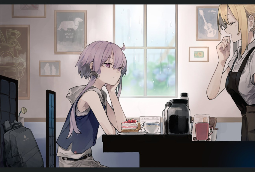 2girls apron arm_support bag black_apron blonde_hair cafe cake chair clenched_hand commentary computer cup flower food framed_image from_side hand_on_own_chin hand_to_own_mouth hitogome indoors laptop looking_at_another multiple_girls pot purple_hair school_bag shirt short_hair_with_long_locks short_sleeves sidelocks sitting smile standing symbol-only_commentary teacup tsurumaki_maki upper_body violet_eyes vocaloid voiceroid waitress white_shirt window yuzuki_yukari