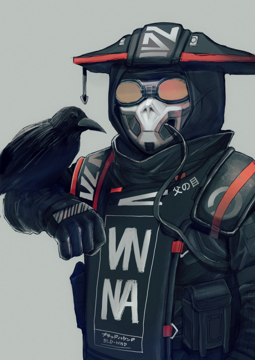 1other ambiguous_gender animal_on_arm apex_legends bird bird_on_arm black_gloves black_jacket bloodhound_(apex_legends) cable clenched_hand crow gloves goggles grey_background helmet highres jacket mask official_alternate_costume official_art road_warrior_bloodhound shiori_(moechin) solo