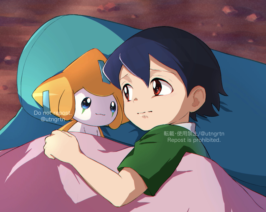 1boy bangs black_hair closed_mouth commentary_request from_above fuyu_(utngrtn) green_shirt highres jirachi male_focus max_(pokemon) pokemon pokemon:_jirachi:_wish_maker pokemon_(anime) pokemon_(creature) pokemon_rse_(anime) raised_eyebrows red_eyes shirt short_hair short_sleeves twitter_username under_covers watermark