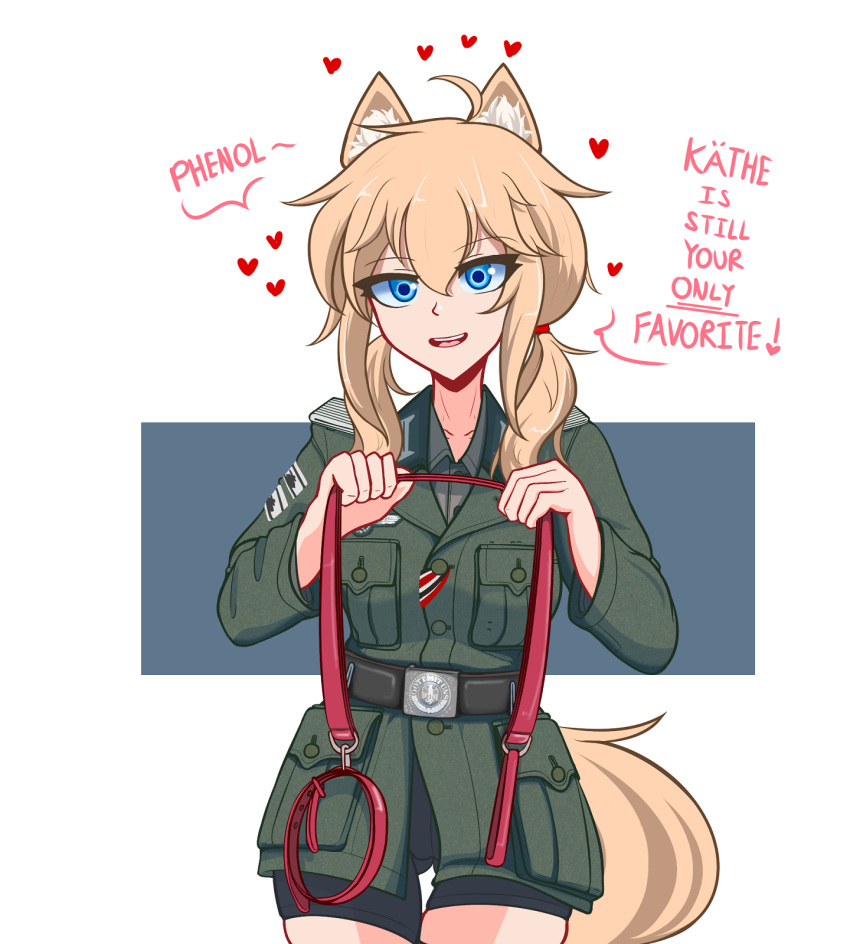 1girl ahoge animal_ears belt belt_buckle black_shorts blonde_hair blue_eyes breasts brown_belt buckle coat cowboy_shot english_text epaulettes green_coat hair_between_eyes heart highres holding holding_leash leash long_sleeves low_twintails medium_breasts military military_uniform original phenol_r short_shorts shorts sidelocks solo standing swastika tail twintails uniform world_war_ii