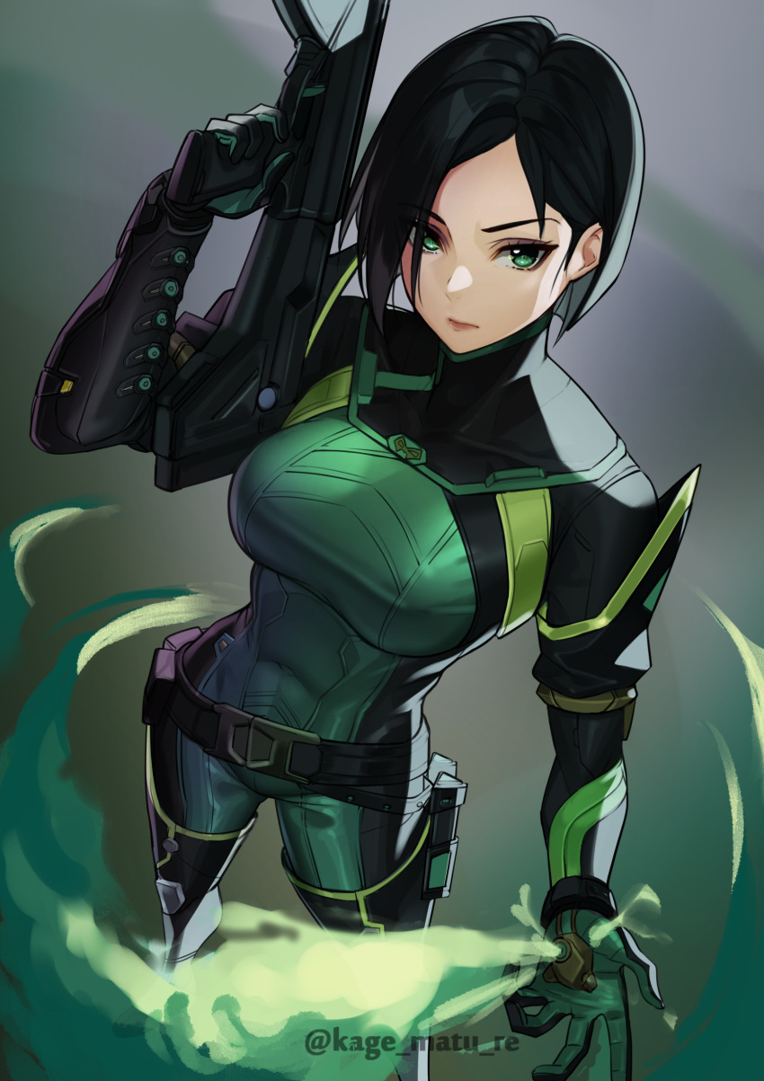 1girl absurdres belt black_hair bob_cut bodysuit breasts closed_mouth gloves green_bodysuit green_eyes green_gloves gun hand_up highres holding holding_gun holding_weapon kagematsuri large_breasts looking_at_viewer medium_hair smoke solo thigh-highs valorant viper_(valorant) weapon