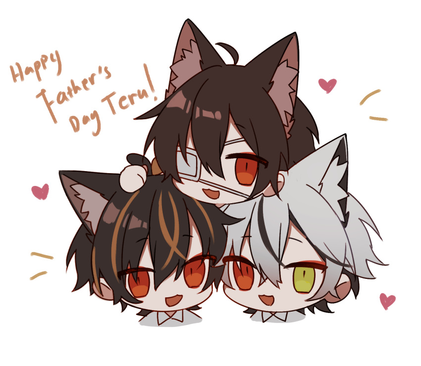 :3 ahoge animal_ear_fluff animal_ears bangs black_hair cat_ears chibi collared_shirt english_text eyepatch father's_day green_eyes hand_on_another's_head heart heterochromia highres indie_virtual_youtuber multicolored_hair ookami_ciro original otozuki_teru_(character) red_eyes shirt simple_background slit_pupils streaked_hair white_hair