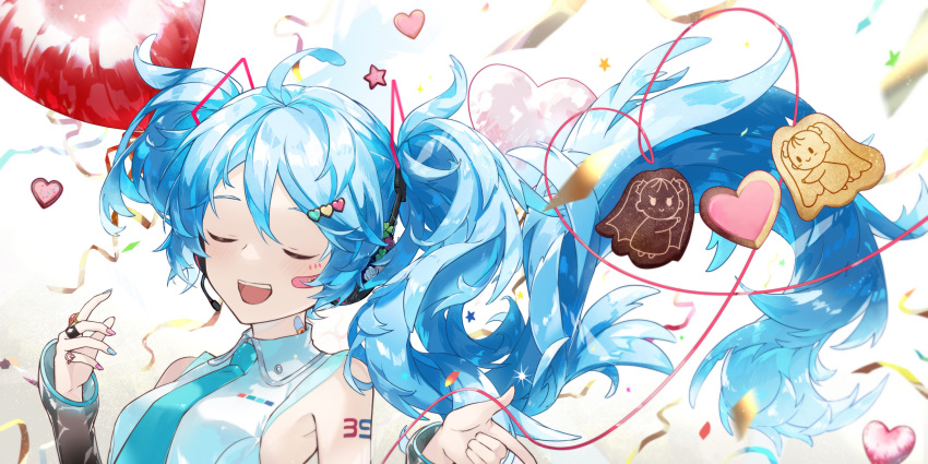 1girl 39 absurdres ai_kotoba_iv_(vocaloid) arm_tattoo balloon bare_shoulders black_sleeves blue_nails blue_necktie blush closed_eyes clover_hair_ornament collared_shirt commentary confetti detached_sleeves hair_ornament hatsune_miku headphones headset heart heart-shaped_cookie heart_balloon heart_hair_ornament heart_of_string highres jewelry long_hair microphone multicolored_nails multiple_rings necktie number_tattoo ojama_mushi_ii_(vocaloid) open_mouth pink_nails power_symbol ring shirt smile solo tattoo twintails upper_body very_long_hair vocaloid white_shirt yohki
