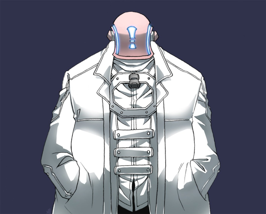 1boy coat commentary_request facing_viewer glowing grey_background hands_in_pockets helm helmet jacket long_sleeves looking_at_viewer made_in_abyss open_clothes open_coat pink_headwear signature simple_background solo straight-on tou0230208 whistle whistle_around_neck white_coat white_jacket