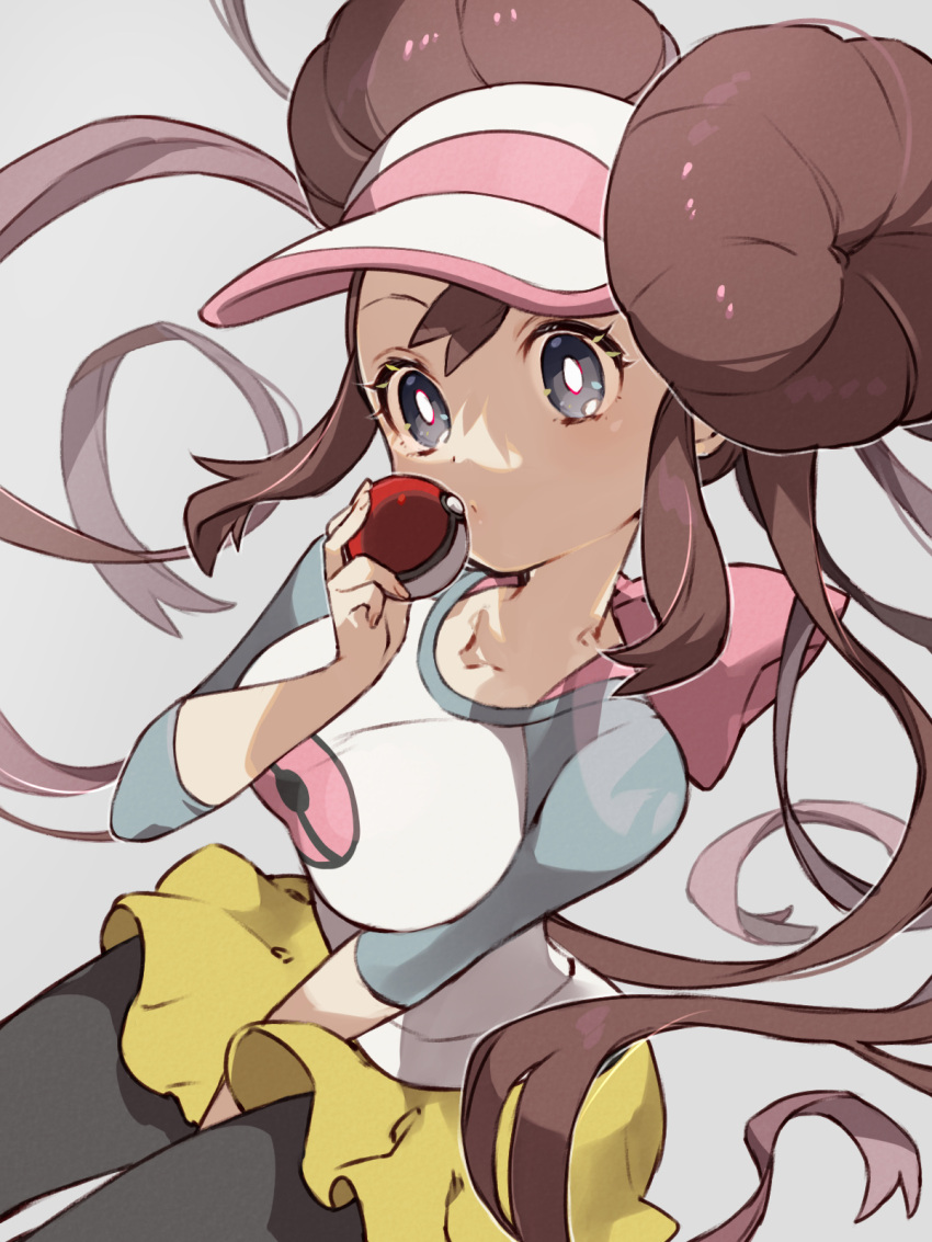 1girl black_legwear bow breasts bright_pupils brown_hair commentary_request double_bun grey_eyes hair_bun hand_up highres holding holding_poke_ball legwear_under_shorts long_hair pantyhose pink_bow poke_ball poke_ball_(basic) pokemon pokemon_(game) pokemon_bw2 raglan_sleeves rosa_(pokemon) sasairebun short_shorts shorts solo twintails visor_cap white_pupils yellow_shorts