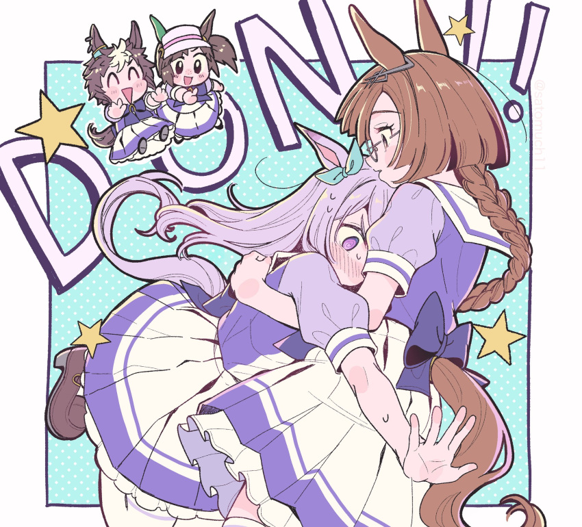 4girls animal_ears back_bow blue_bow blue_shirt blue_skirt blush border bow braid brown_footwear brown_hair brown_tail character_request chibi eyelashes glasses highres horse_ears horse_girl horse_tail hug loafers long_hair multiple_girls pleated_skirt purple_hair purple_ribbon purple_tail ribbon sailor_collar satomachi shirt shoes short_sleeves single_braid skirt tail umamusume very_long_hair violet_eyes waist_bow white_border white_sailor_collar white_shirt white_skirt