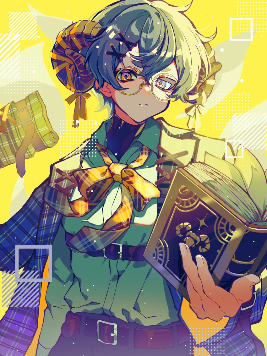 1boy absurdres belt book bow bowtie collared_shirt foreshortening frown grey_hair hair_ornament hairpin haru4aki highres holding holding_book horns looking_at_viewer male_focus multicolored_eyes multiple_belts original plaid ribbon round_eyewear sheep_horns shirt short_hair solo thick_eyebrows upper_body white_shirt yellow_bow yellow_bowtie yellow_ribbon