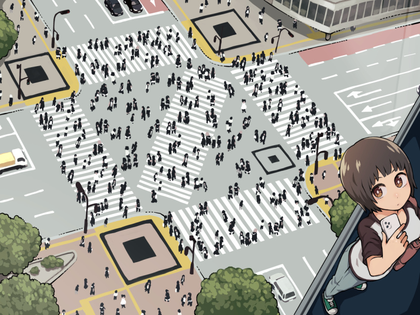 1girl bob_cut brown_hair cellphone cityscape commentary crosswalk crowd from_above intersection original phone qr_code road short_hair smartphone street yajirushi_(chanoma)