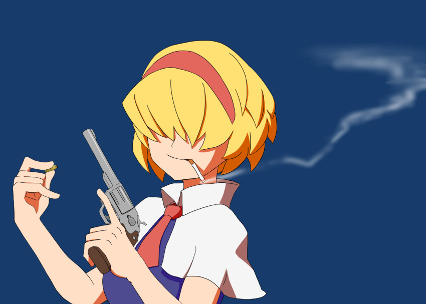 1girl alice_margatroid bangs blonde_hair blue_background blue_dress breasts bullet capelet cigarette closed_mouth collared_capelet commentary_request cookie_(touhou) dress gun hair_between_eyes hair_over_eyes hairband handgun holding holding_gun holding_weapon jigen_(cookie) medium_breasts necktie red_hairband red_necktie revolver short_hair simple_background smoking solo surauta touhou upper_body weapon white_capelet