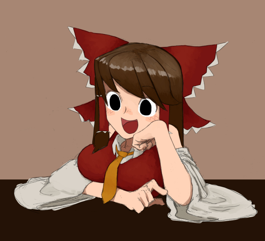 1girl :d bangs black_eyes blush bow breasts brown_hair collared_shirt commentary_request cookie_(touhou) detached_sleeves empty_eyes frilled_bow frilled_hair_tubes frills hair_bow hair_tubes hakurei_reimu large_breasts long_hair necktie noel_(cookie) open_mouth red_bow red_shirt shirt smile solo surauta touhou upper_body white_sleeves yellow_necktie