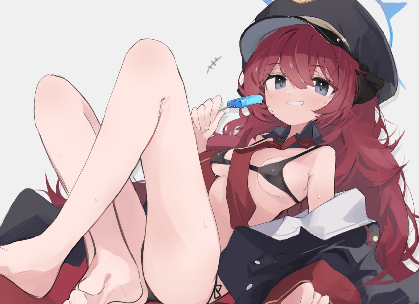 1girl black_headwear black_jacket black_swimsuit blue_archive breasts eyes_visible_through_hair feet food hair_between_eyes halo hat highres iroha_(blue_archive) jacket long_hair looking_at_viewer lying medium_breasts mikozin military_hat necktie on_back open_clothes open_jacket popsicle popsicle_stick red_eyes red_necktie redhead simple_background smile sweat swimsuit white_background