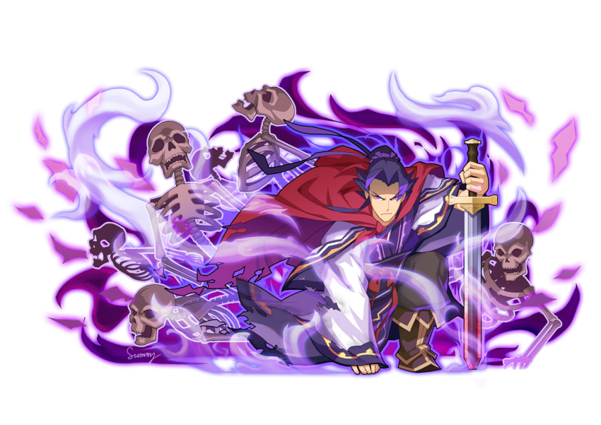1boy ape artist_name aura black_footwear boots cao_cao hair_ribbon holding holding_sword holding_weapon long_sleeves looking_at_viewer male_focus purple_hair ribbon romance_of_the_three_kingdoms serious skeleton solo spiky_hair summy sword transparent_background weapon wide_sleeves