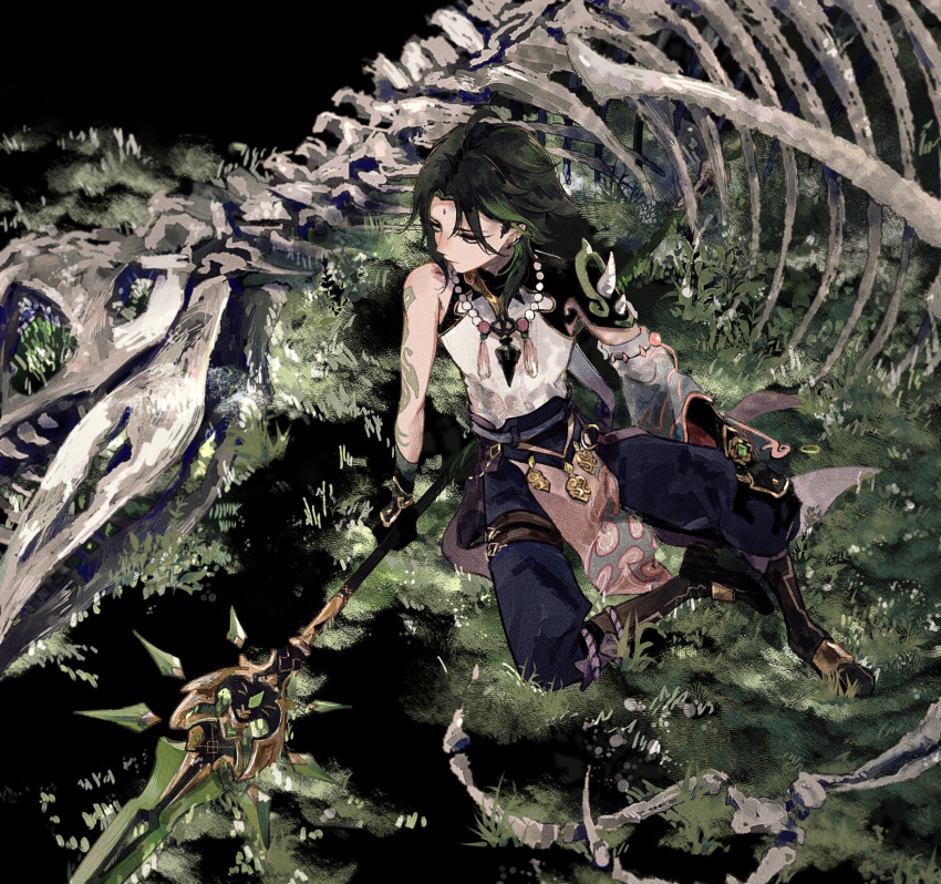 1boy arm_tattoo armor bead_necklace beads black_background black_gloves black_hair blue_panties commentary detached_sleeves expressionless facial_mark forehead_mark from_above full_body genshin_impact gloves grass green_hair highres holding holding_polearm holding_weapon jewelry male_focus multicolored_hair necklace ngtnognsn on_grass outdoors panties pauldrons polearm primordial_jade_winged-spear_(genshin_impact) short_hair shoulder_armor single_bare_shoulder single_detached_sleeve single_pauldron sitting skeleton solo tattoo two-tone_hair underwear weapon xiao_(genshin_impact)