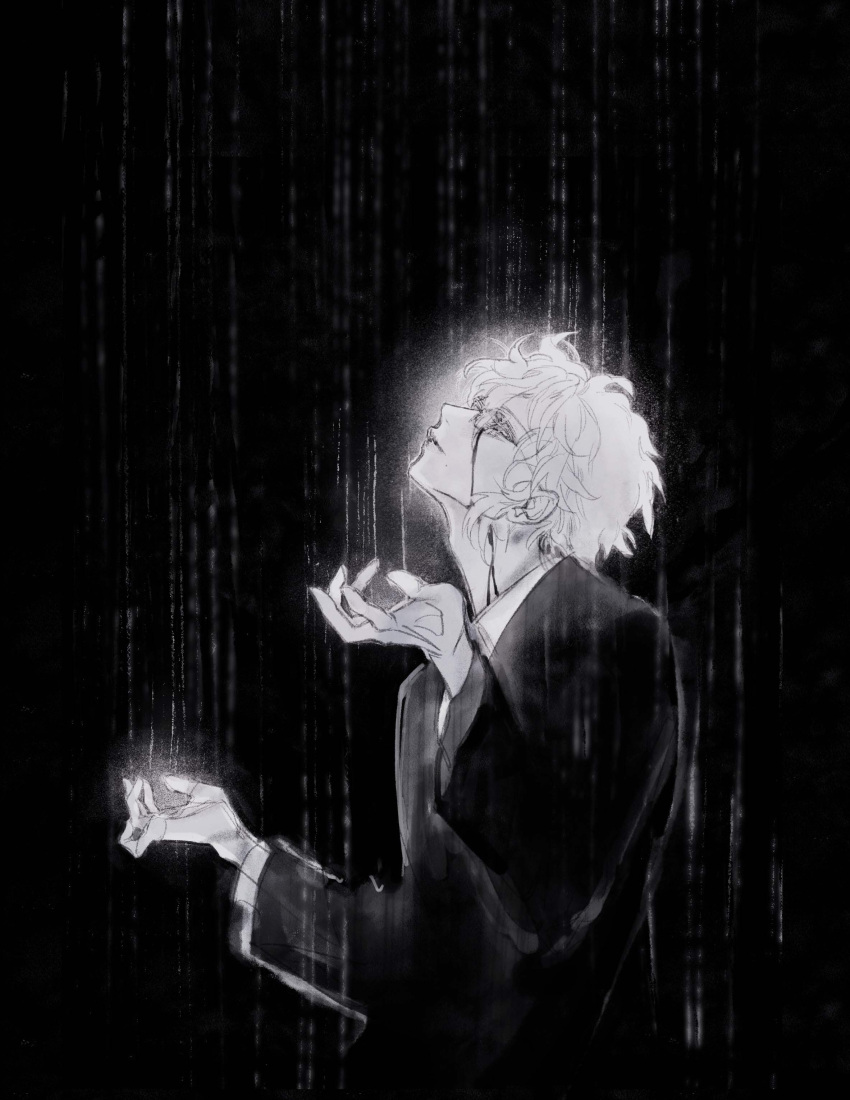 1boy absurdres azul_ashengrotto bangs blood blood_from_eyes bruise formal from_side glasses hand_up hickey highres injury jacket long_sleeves looking_away looking_up male_focus monochrome outstretched_hand pinggup profile rain short_hair simple_background solo suit twisted_wonderland upper_body