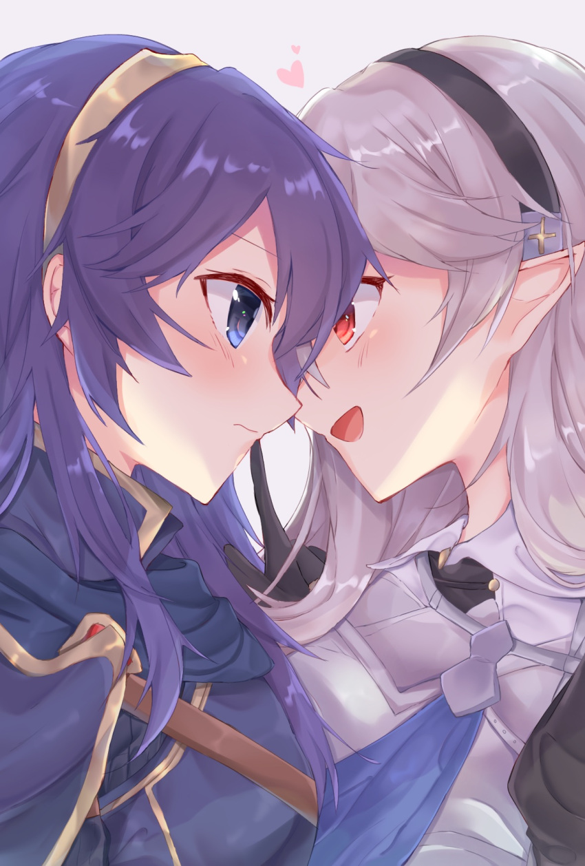 2girls bangs black_hairband blue_eyes blue_hair blush closed_mouth corrin_(fire_emblem) corrin_(fire_emblem)_(female) edamameoka finger_to_another's_cheek fire_emblem fire_emblem_awakening fire_emblem_fates hair_between_eyes hairband heart highres long_hair looking_at_another lucina_(fire_emblem) multiple_girls open_mouth pointy_ears red_eyes tiara white_hair yuri