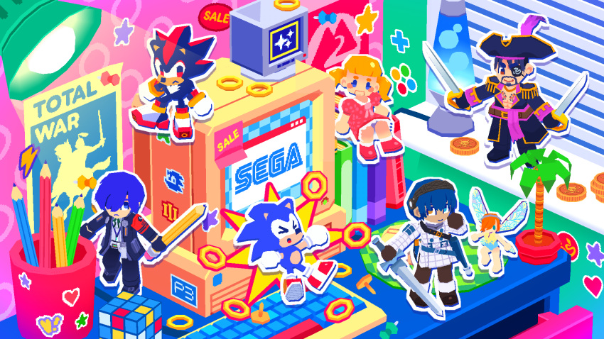 >_< 2girls 5boys black_coat black_hat black_jacket blonde_hair blue_eyes blue_hair book captain_majima chair character_request chest_tattoo coat coin computer_keyboard computer_mouse copyright_name copyright_request crt cutlass desk dual_wielding eyepatch fairy gallica_(metaphor:_refantazio) hair_over_one_eye hat heterochromia highres holding holding_pencil indoors jacket lava_lamp logo low_poly majima_goro metaphor:_refantazio mousepad_(object) multiple_boys multiple_girls official_art open_clothes open_jacket outline pencil persona persona_3 persona_3_reload pirate_costume pirate_hat protagonist_(metaphor:_refantazio) ring_(sonic) rubik's_cube ryuu_ga_gotoku_(series) ryuu_ga_gotoku_8_gaiden sega shadow_the_hedgehog short_hair short_twintails sonic_(series) sonic_the_hedgehog sticker sword tattoo thumbtack total_war twintails violet_(violxiv) weapon white_coat white_outline yellow_eyes yuuki_makoto_(persona_3)