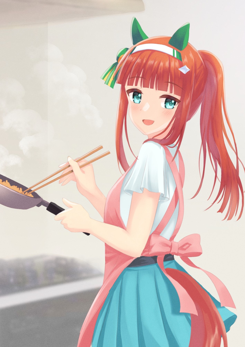 1girl alternate_costume apron bangs blue_eyes blush breasts casual chopsticks commentary_request cooking headband highres horse_girl looking_at_viewer ponytail sakurakkuma silence_suzuka_(umamusume) small_breasts solo umamusume