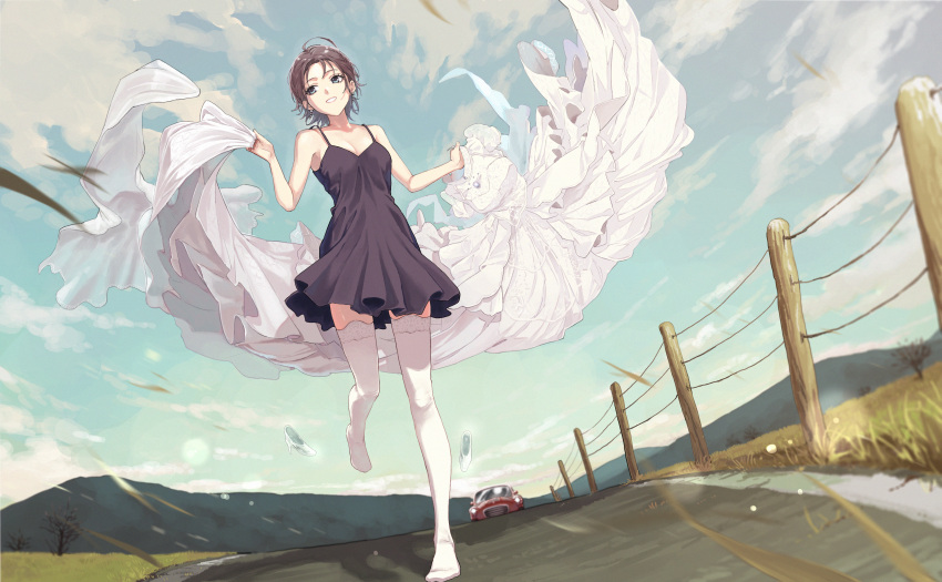 1girl absurdres ahoge asakura_toru bare_shoulders black_dress black_hair blue_hair car dress dress_removed dutch_angle earrings gradient_hair ground_vehicle highres idolmaster idolmaster_shiny_colors jewelry motor_vehicle multicolored_hair nightgown road shoes shoes_removed short_hair solo spaghetti_strap thigh-highs wedding_dress white_dress white_legwear wind zelo6