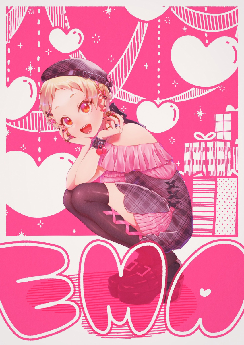 1girl beret blonde_hair box character_name dress earrings frilled_dress frills full_body gift gift_box hand_on_own_cheek hand_on_own_face hat heart highres idolmaster idolmaster_cinderella_girls jewelry looking_at_viewer looking_to_the_side plaid plaid_dress platform_footwear red_eyes ring senzaki_ema short_hair smile solo squatting taidanotori thigh-highs