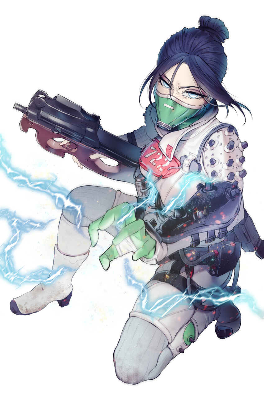 1girl apex_legends bangs blue_eyes bodysuit breasts bullpup electricity floating_hair gloves green_gloves gun hair_bun highres holding holding_gun holding_weapon looking_at_viewer mask medium_breasts mouth_mask official_alternate_costume p90 parted_bangs quarantine_722_wraith shiori_(moechin) solo squatting submachine_gun weapon white_background white_bodysuit wraith_(apex_legends)