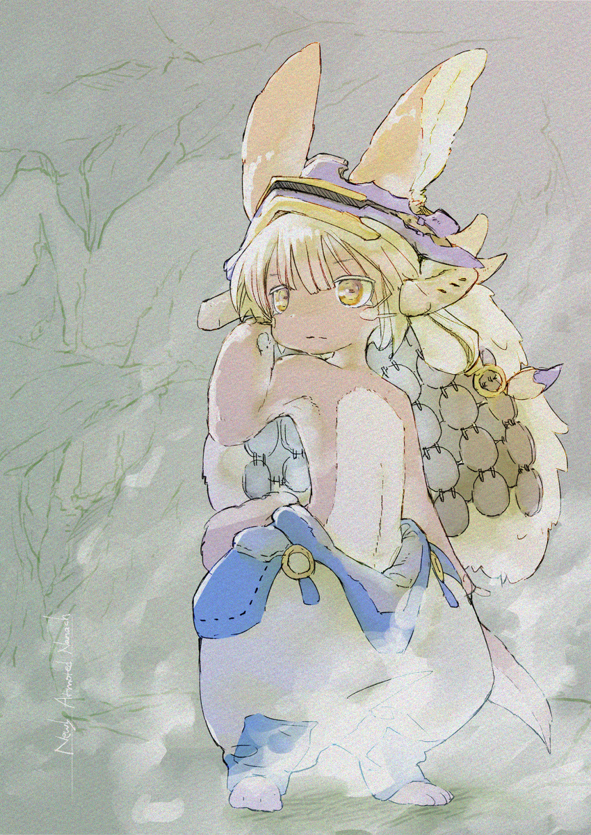 1other animal_ears arm_at_side blue_pants brown_fur buna_(beech_forest) closed_mouth furry grey_hair hand_up helmet highres horizontal_pupils looking_to_the_side made_in_abyss multicolored_hair nanachi_(made_in_abyss) other_focus pants puffy_pants short_hair solo split-color_hair standing tail topless whiskers yellow_eyes