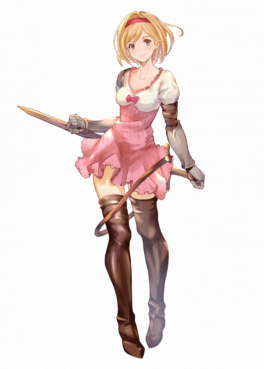1girl absurdres blonde_hair boots breasts brown_eyes djeeta_(granblue_fantasy) dress gauntlets granblue_fantasy hairband highres looking_at_viewer pink_hairband shiroyu short_hair solo sword thigh_boots weapon