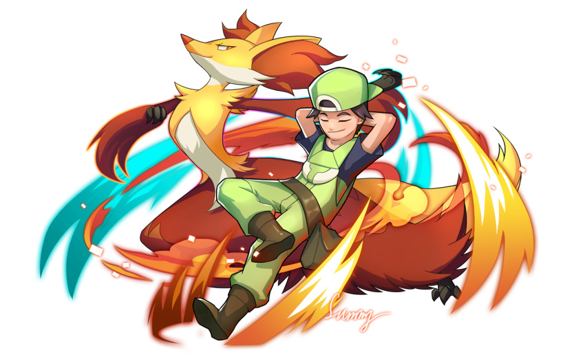 1boy arms_behind_head arms_up artist_name boots brown_hair delphox green_headwear male_focus overalls pants pokemon pokemon_(creature) pokemon_breeder_(pokemon) pouch red_eyes relaxed short_sleeves summy white_background