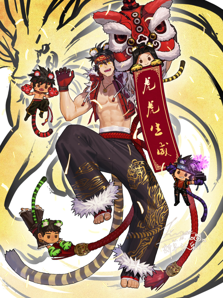 1boy abs animal_ears animal_print artist_name belt biceps black_hair chibi chinese_zodiac dungeon_and_fighter fangs fireworks gloves highres jacket jewelry jin_(sirius-j) kanji leg_up male_focus muscular muscular_male necklace new_year open_clothes open_jacket open_mouth original pants pectorals scar scar_on_face signature socks solo spiky_hair tail teeth tiger tiger_boy tiger_ears tiger_mask_(object) tiger_print tiger_tail tongue year_of_the_tiger yellow_eyes