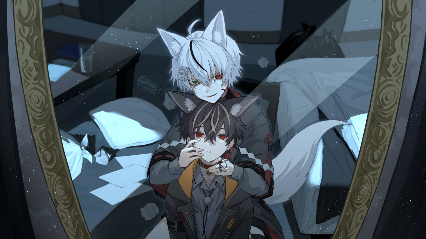 2boys absurdres ahoge animal_ear_fluff animal_ears bed bed_sheet black_hair blood blood_on_face cat_ears cat_tail chair coffee_table collar collared_shirt crumpled_paper cup fox_boy fox_ears fox_tail glass hair_ornament hairclip hand_on_another's_neck hands_on_another's_face heterochromia highres indie_virtual_youtuber jacket jewelry long_sleeves luto_gray000 mirror multicolored_hair multiple_boys night original otozuki_teru_(character) paper picture_frame pillow red_eyes reflection ring shirt short_hair streaked_hair tail tears trash_bag white_hair