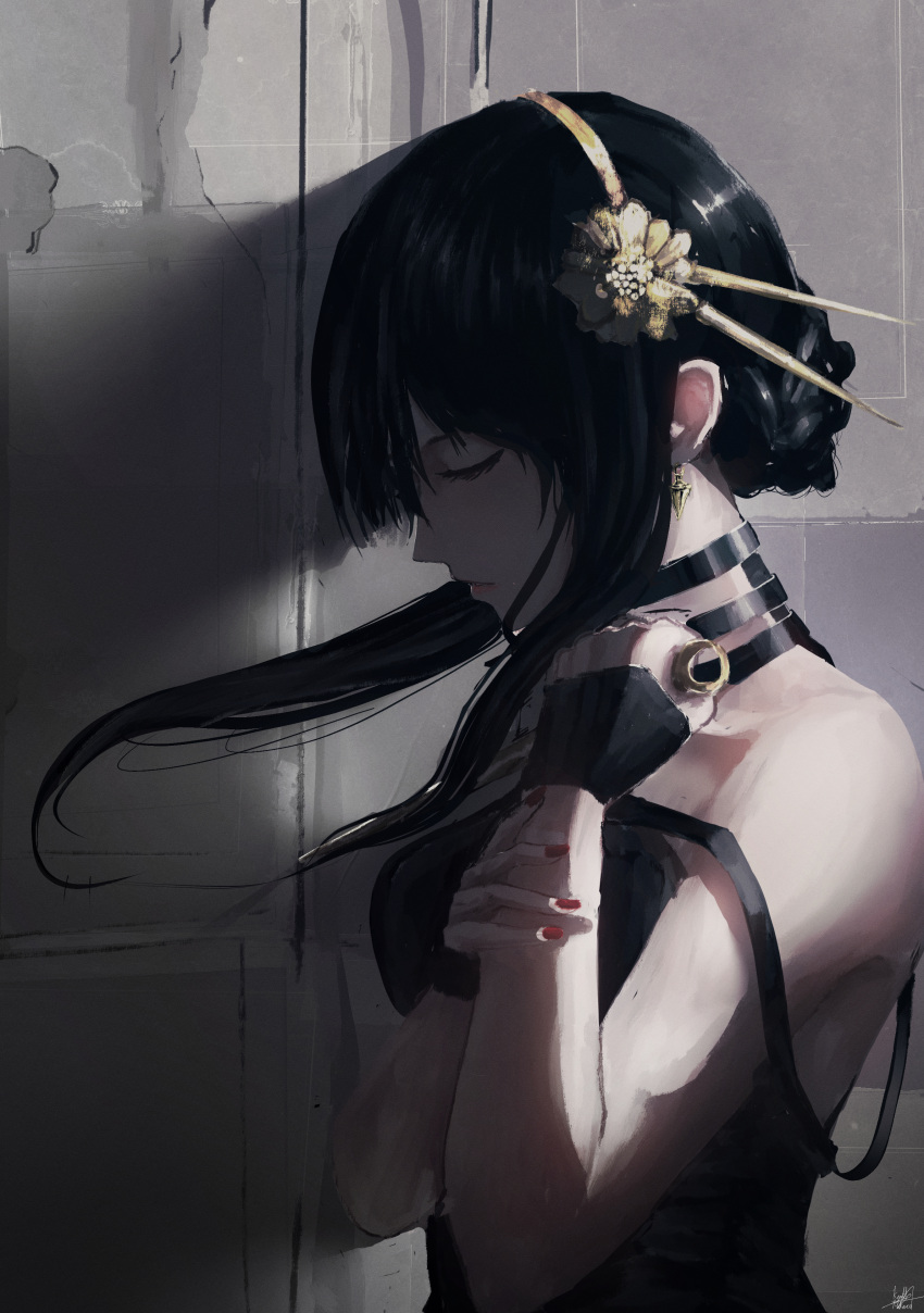 1girl absurdres against_wall bare_arms black_hair braid closed_eyes closed_mouth flower from_side hair_flower hair_ornament hairband highres holding holding_weapon kyatto-mikazu nail_polish profile red_nails shiny shiny_hair short_hair_with_long_locks sidelocks signature solo spy_x_family strap_slip upper_body weapon yellow_flower yellow_hairband yor_briar