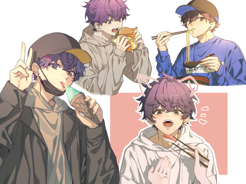 1boy alternate_costume earrings eating food food_on_face grey_hoodie hair_ornament hairclip heavyrain_dy highres holding_ice_cream hood hoodie indie_virtual_youtuber jewelry long_sleeves male_focus multiple_views open_mouth purple_hair short_hair shoto_(vtuber) sushi violet_eyes virtual_youtuber