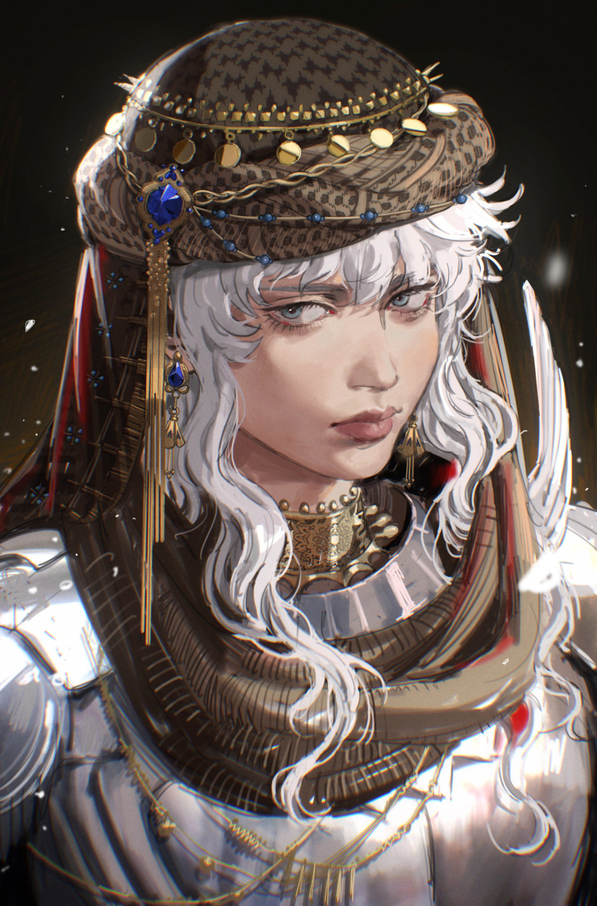 1boy absurdres arabian_clothes armor berserk black_background collar earrings gem gold grey_eyes griffith_(berserk) hair_between_eyes highres jewelry lips long_hair looking_at_viewer plate_armor shoulder_armor solo thisuserisalive turban upper_body wavy_hair white_hair