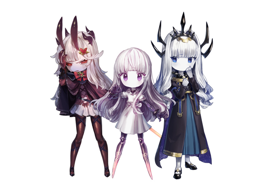 3girls absurdres bangs black_dress black_footwear blue_eyes blue_skirt blunt_bangs bow bowtie brooch cape child dress evil_(okame_nin) eye_(okame_nin) fewer_digits frown hair_ornament highres horns jewelry looking_at_viewer mana_matitia_(okame_nin) mismatched_sclera multiple_girls no_feet no_mouth okame_nin original parted_lips purple_cape red_bow red_bowtie red_eyes shoes simple_background skirt standing violet_eyes white_background white_hair white_skirt