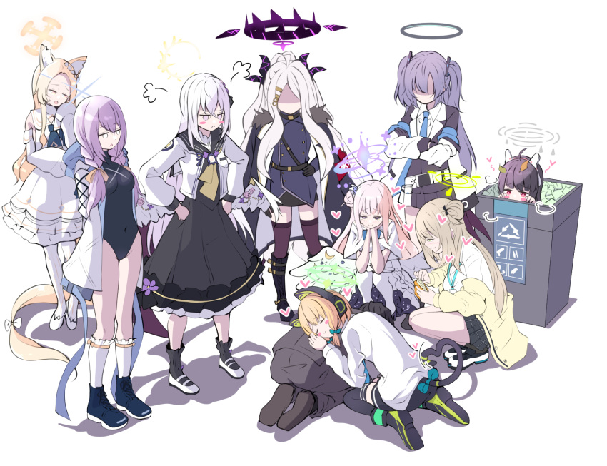 1boy 6+girls :&lt; :d ^_^ ^o^ absurdly_long_hair ahoge angry animal_ears arm_support armband arrow_(symbol) atsuko_(blue_archive) azusa_(blue_archive) bangs belt black_coat black_footwear black_gloves black_hair black_legwear black_leotard black_skirt blonde_hair blue_archive blush blush_stickers boots bow braid brown_hair business_suit cat_ears cat_girl cat_tail closed_eyes coat coat_on_shoulders collared_shirt commentary_request crossed_arms demon_girl demon_horns demon_wings detached_sleeves dogeza empty_eyes faceless faceless_female fake_animal_ears feathered_wings flower forehead formal fox_ears fox_girl fox_tail frilled_skirt frills full_body fur-trimmed_coat fur_trim gloves grey_eyes hair_bow hair_bun hair_flower hair_ornament hair_ribbon hair_scrunchie hairband hairclip halo hand_on_hip hands_on_hips headphones heart heart_tail high_heels highres hina_(blue_archive) hooded_coat horns jacket knee_boots kneehighs leaf leaf_on_head leotard light_brown_hair long_hair long_sleeves low-tied_long_hair low_twintails lying_on_person mary_janes midori_(blue_archive) mika_(blue_archive) military military_uniform miyu_(blue_archive) multiple_girls necktie nonomi_(blue_archive) off_shoulder one_side_up pantyhose parted_bangs parted_lips peeking_out pencil_skirt pink_hair plaid plaid_skirt pleated_skirt ponytail purple_hair purple_legwear rabbit_ears recycle_bin red_eyes ribbon school_uniform scrunchie seia_(blue_archive) seiza sensei_(blue_archive) serafuku shaded_face shadow shirt shoes short_hair short_sleeves sidelocks simple_background single_hair_bun single_side_bun sitting skirt sleeves_past_wrists smile sneakers socks squatting standing suit tail tail_bow tail_ornament tail_ribbon thigh-highs thighs tonomiya68 tress_ribbon triangle_mouth twin_braids twintails two_side_up uniform very_long_hair violet_eyes white_background white_coat white_footwear white_hair white_legwear white_wings wide_sleeves wings yuuka_(blue_archive) zettai_ryouiki