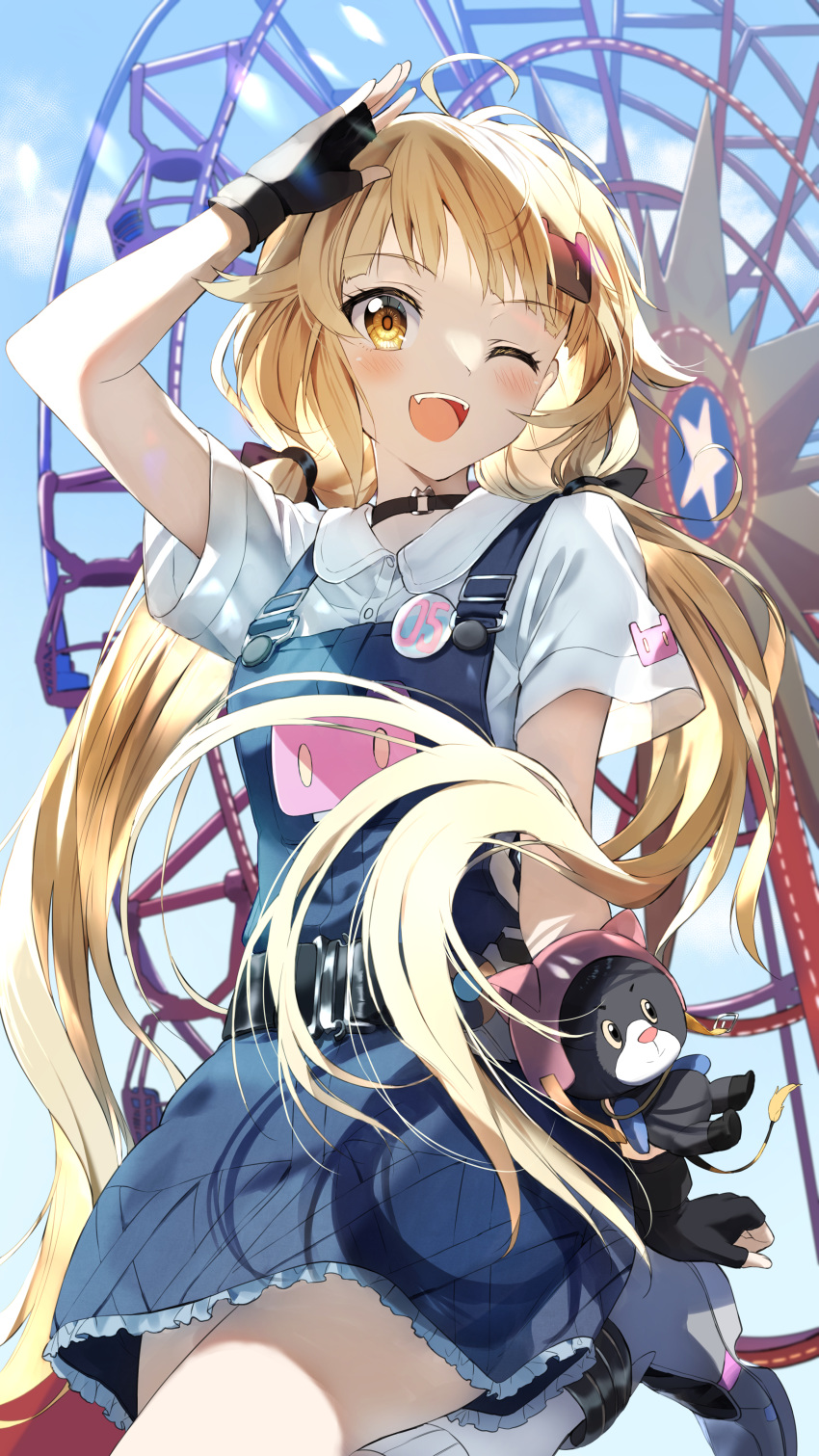 1girl ;d absurdres ahoge arm_up bangs black_choker blonde_hair blue_sky blush brown_eyes choker clouds collared_shirt commentary_request copyright_request day dress_shirt ferris_wheel frills grey_footwear hair_ornament highres long_hair looking_at_viewer low_twintails one_eye_closed outdoors overall_skirt pentagon_(railgun_ky1206) shirt shoes short_sleeves sky smile socks solo standing standing_on_one_leg star_(symbol) twintails very_long_hair white_legwear white_shirt