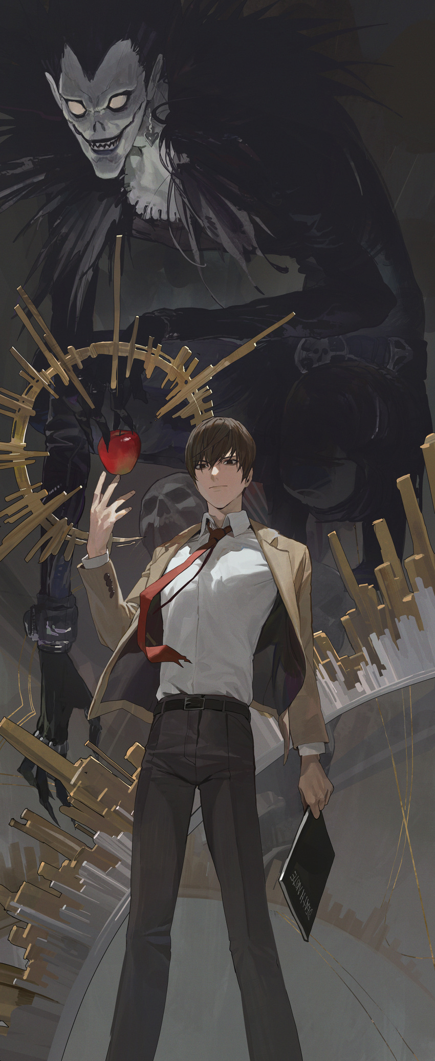 2boys absurdres apple belt black_hair book brown_hair brown_pants closed_mouth death_note death_note_(object) food formal fruit highres holding holding_book modare multiple_boys necktie pants serious shinigami shirt short_hair standing suit white_eyes white_shirt wing_collar yagami_light