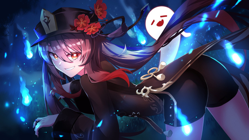 1girl absurdres bare_legs black_shorts breasts brooch brown_hair coat coattails collared_coat commentary fang flower flower-shaped_pupils genshin_impact ghost hat highres hitodama hu_tao_(genshin_impact) jewelry long_hair long_sleeves looking_at_viewer porkpie_hat red_eyes shirt shorts small_breasts smile solo symbol-shaped_pupils twintails yumesphere