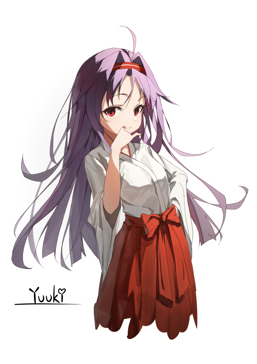 1girl absurdres ahoge alternate_costume arched_back character_name closed_mouth cropped_legs hair_intakes hairband hakama highres japanese_clothes kimono leaning_back long_hair long_sleeves miko purple_hair red_eyes red_hairband red_hakama simple_background smile solo standing sword_art_online tongue tongue_out very_long_hair white_background white_kimono wide_sleeves yuuki_(sao) yuuki_(yuuki08435994)