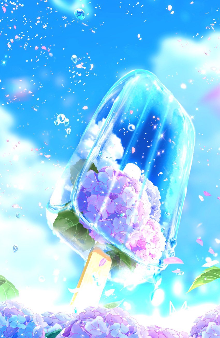 absurdres artist_name bubble clouds cloudy_sky day dessert falling_petals flower food highres ice_cream leaf makoron117117 melting no_humans original petals plant reflection reflective_water scenery signature sky transparent water_drop wood