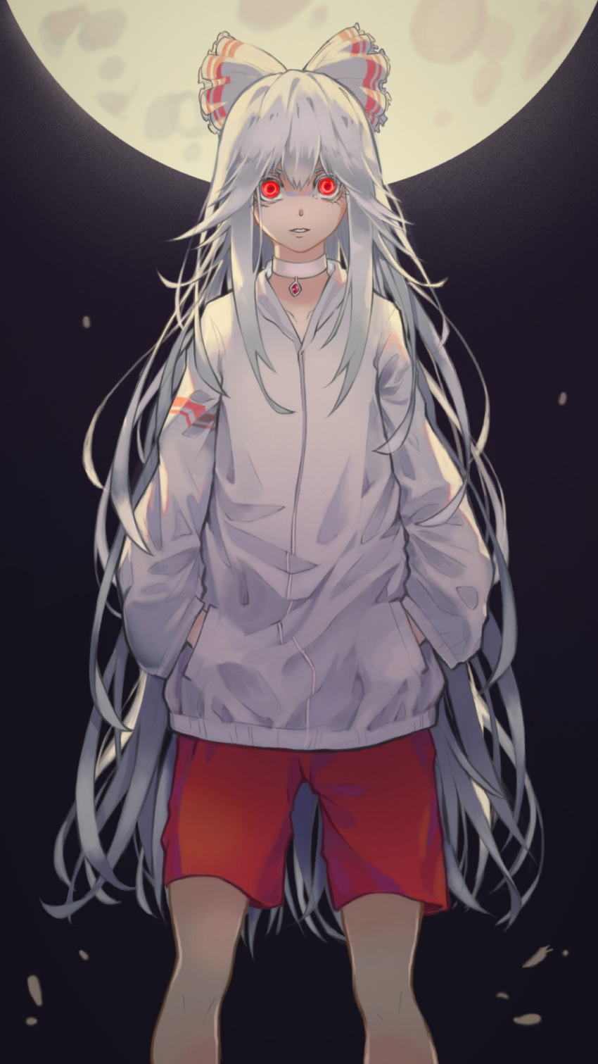 1girl adapted_costume bow chinese_commentary choker collarbone commentary_request cookie_(ppyf5328) cowboy_shot eyebrows_behind_hair fujiwara_no_mokou full_moon gem hair_between_eyes hair_bow hands_in_pockets highres jacket long_hair long_sleeves looking_at_viewer moon parted_lips red_eyes red_gemstone red_shorts shorts touhou very_long_hair white_bow white_choker white_hair white_jacket