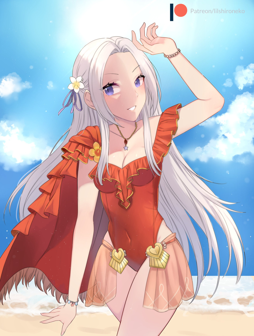1girl beach bracelet breasts cape casual_one-piece_swimsuit clouds covered_navel cowboy_shot cute day edelgard_von_hresvelg fire_emblem fire_emblem:_three_houses fire_emblem_heroes fire_emblem_warriors:_three_hopes flower flower_on_head hair_ornament hair_ribbon intelligent_systems lilshironeko long_hair necklace nintendo ocean one-piece_swimsuit outdoors patreon_username purple_ribbon ribbon sky smile solo summer super_smash_bros. swimsuit teeth violet_eyes water white_hair