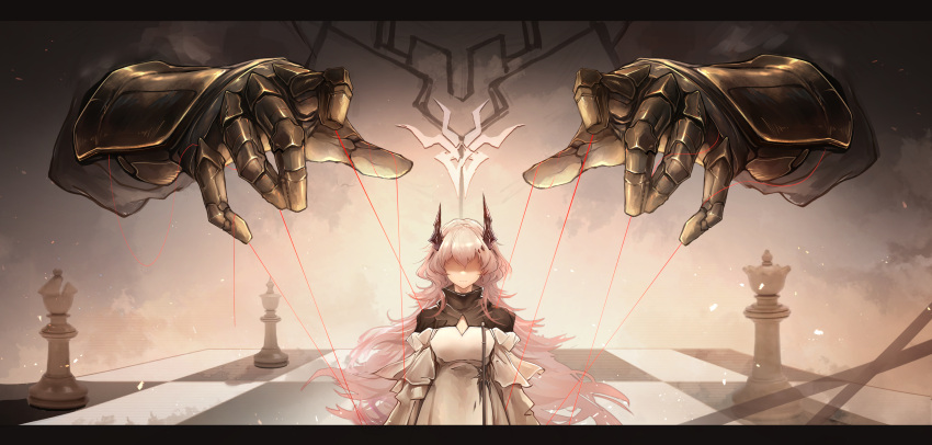 1girl 1other :| absurdres arknights bishop_(chess) black_dress chess_piece chessboard chinese_commentary closed_mouth commentary demon_horns doctor_(arknights) dress highres horns jueduihuoli king_(chess) letterboxed long_hair long_sleeves metal_gloves no_eyes oripathy_lesion_(arknights) pink_hair puppet_strings queen_(chess) shaded_face string theresa_(arknights) two-tone_dress very_long_hair white_dress