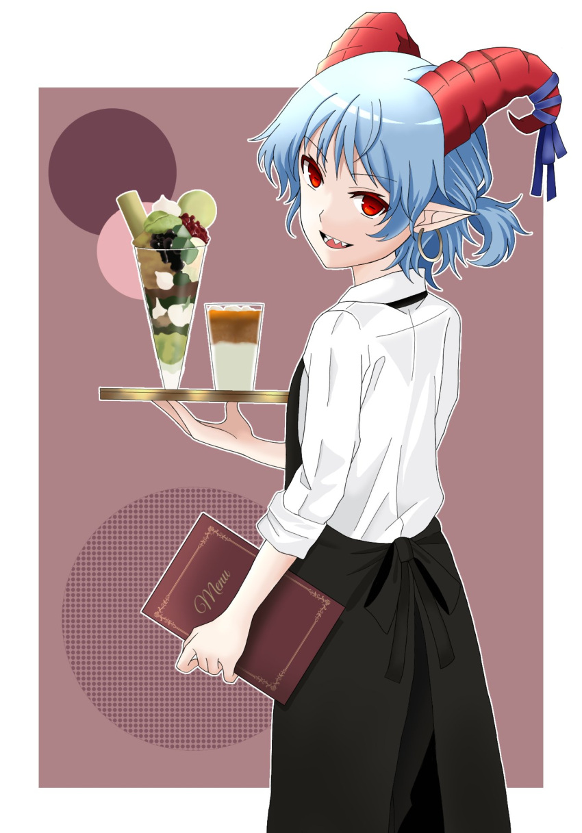 1girl alternate_costume alternate_hairstyle apron back back_bow bangs berry black_apron black_bow black_skirt blackberry_(fruit) blue_hair blue_ribbon book border bow brown_background coffee commentary_request cream drink earrings eyes_visible_through_hair food from_side glass hands_up highres horns ice ice_cream jewelry long_sleeves looking_at_viewer looking_back macaron menu oni_tama open_mouth outside_border pointy_ears ponytail red_eyes ribbon sharp_teeth shirt short_hair short_ponytail skirt smile solo standing teeth tongue touhou toutetsu_yuuma tray white_border white_shirt