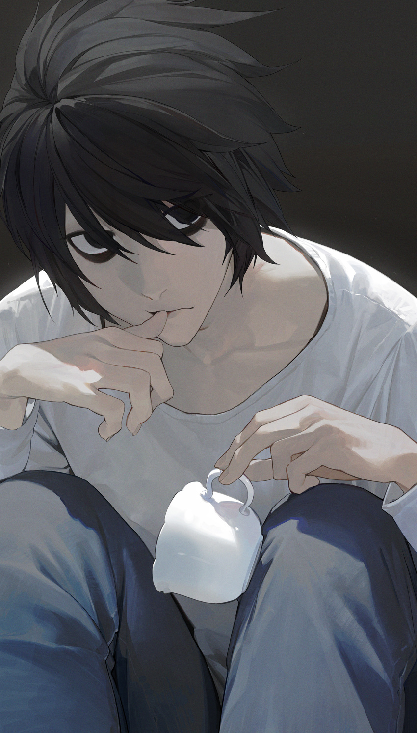 1boy absurdres aqua_pants bangs biting black_eyeshadow collarbone commentary_request cup death_note denim eyeshadow eyeshadow_under_eye finger_biting grey_background hair_between_eyes hair_over_eyes hands_up highres holding holding_cup jeans knees_up l_(death_note) long_sleeves makeup male_focus messy_hair modare pants shirt short_hair sidelocks simple_background sitting solo swept_bangs teacup white_shirt