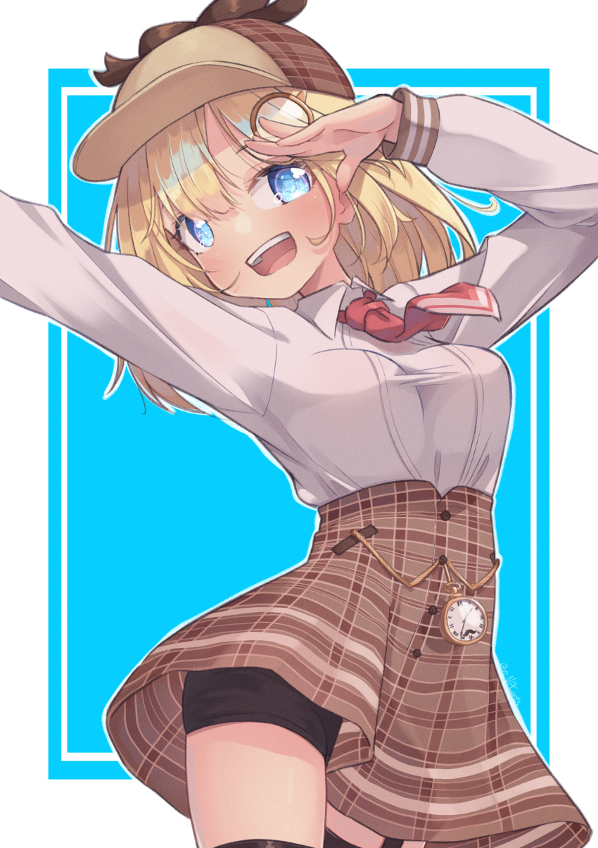 1girl :d absurdres arms_up bangs bike_shorts bike_shorts_under_skirt blonde_hair blue_eyes collared_shirt cowboy_shot deerstalker garter_straps hair_ornament hat high-waist_skirt highres hololive hololive_english long_sleeves looking_at_viewer medium_hair miniskirt monocle_hair_ornament necktie open_mouth outstretched_arm parted_bangs pocket_watch pose renpc shirt single_garter_strap skirt smile solo thigh-highs virtual_youtuber watch watson_amelia white_shirt wing_collar