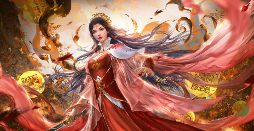 1girl arm_guards black_hair bu_yan_kong circle crown doupo_cangqiong dress earrings forehead from_below highres jacket jewelry long_hair red_dress see-through see-through_jacket solo tassel tassel_earrings upper_body yun_yun_(doupo_cangqiong)
